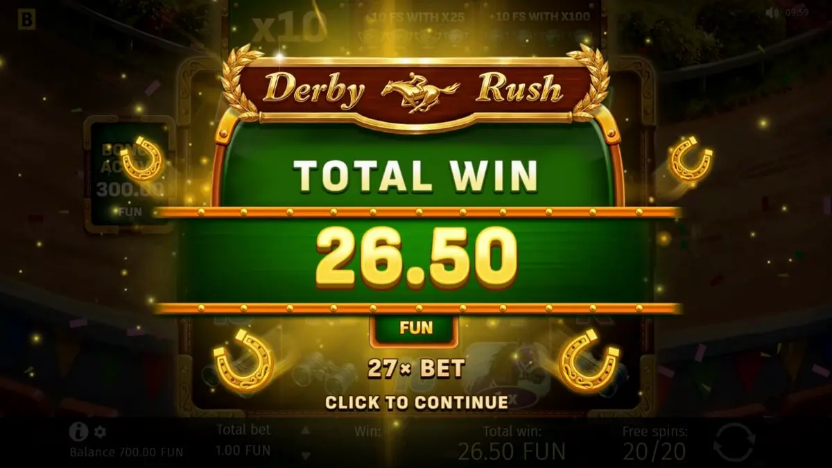 Tampilan gulungan slot Derby Rush dengan simbol balap kuda dan kemewahan