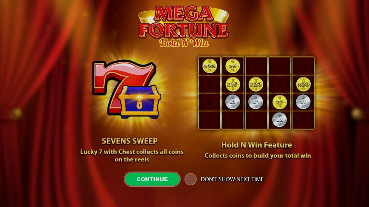 Tampilan antarmuka slot Mega Fortune Hold ‘n’ Win di layar ponsel